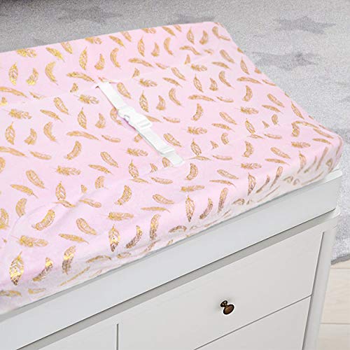 American Baby Company Heavenly Soft Chenille Fitted Contoured Changing Pad Cover, Sparkle Gold Feather on Solid Pink, for Girls