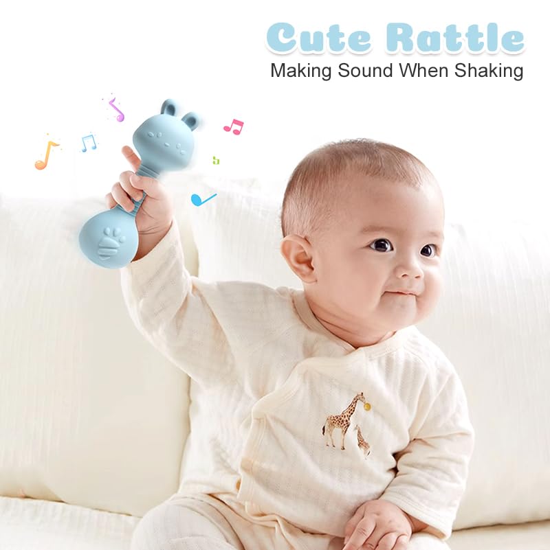 Silicone Rattle Teether for Babies – Soft BPA-Free Teething Toy & Sensory Rattle – 100% Food Grade Silicone, CPC Certified – Soothing Relief for Infants & Toddlers (Rabbit - Blue)