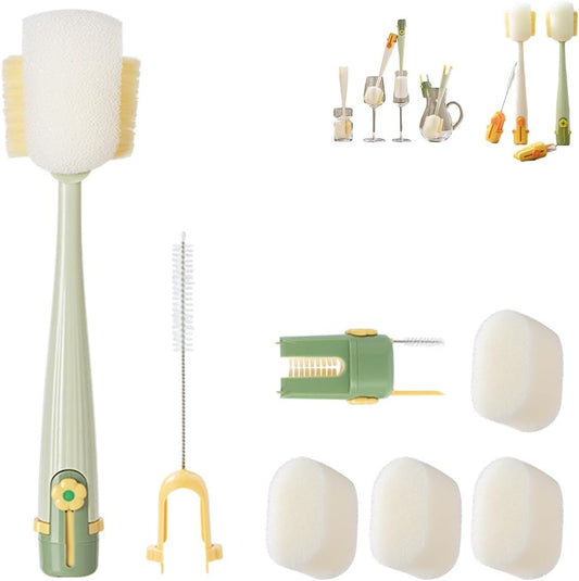 5 in 1 Bottle Cleaning Brush Set, Multifunctional Bottle Cleaning Brush Set, Water Bottle Cleaner Brush, Straw Cleaner Brush for Baby Bottles, 3 Replacement Sponge Brush Heads (Green)