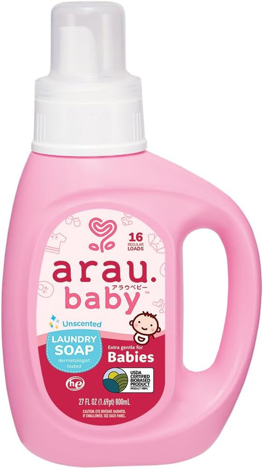 Arau Baby Laundry Soap, Unscented, Plant Based Formula, Safe for Sensitive Skin, Baby Laundry Detergent with No Artificial Fragrance or Additives, Gentle on Infant, Newborn and Baby Clothes, 27 Fl Oz