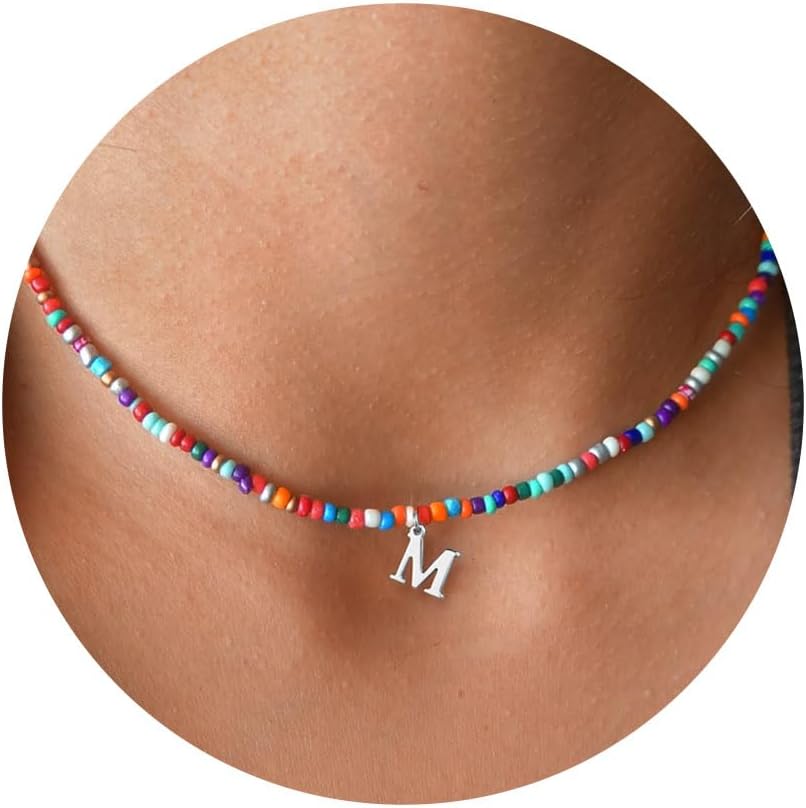 Yoosteel Christmas Gifts for Grandkids Teen Girls - Colorful Beaded Initial Necklace for Girls Kids Jewelry A-Z Letter Choker Necklace Birthday Gifts Stocking Stuffers for Teen Girl Women Kids Toddler