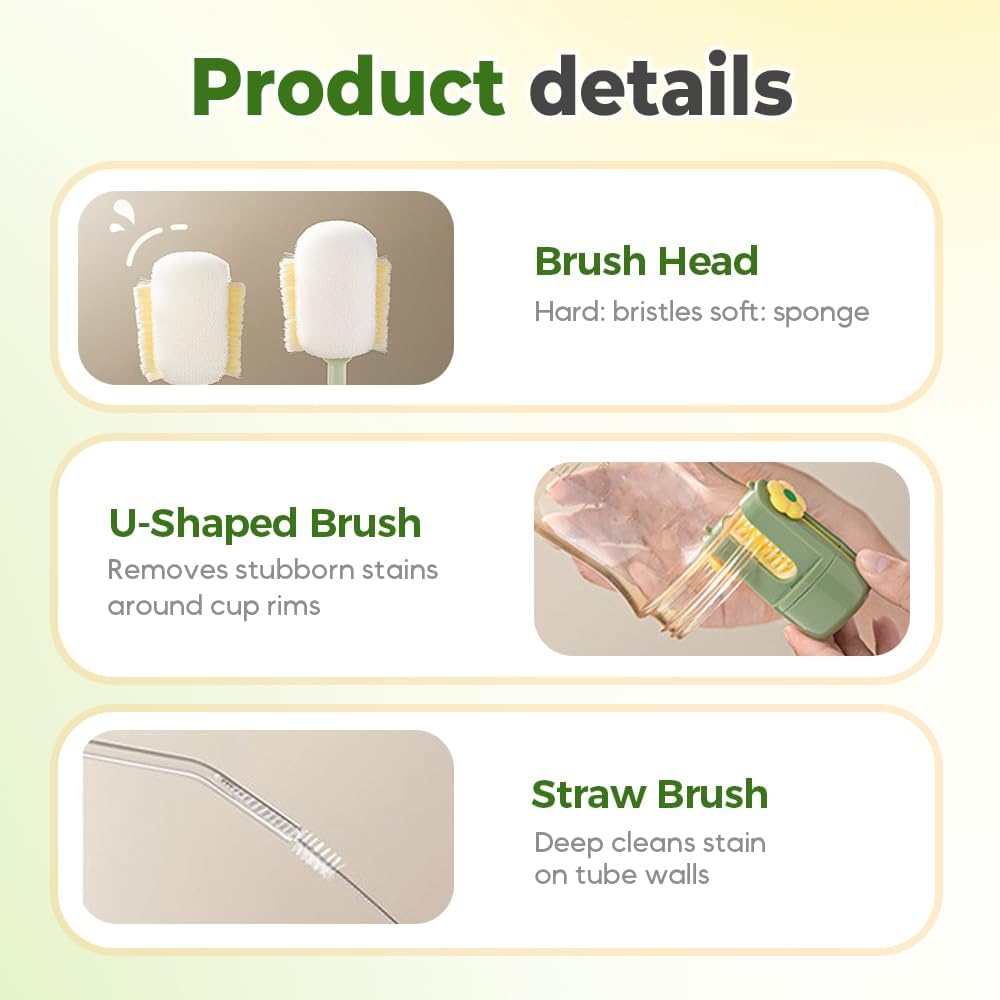 5 in 1 Bottle Cleaning Brush Set, 2025 Multifunctional Lid Brush Cleaning Tool Kitchen, Portable Long Handle Bottles Scrubber for Cup Lids, Hard Bristle Sponge Head Bottle Brushes (White)