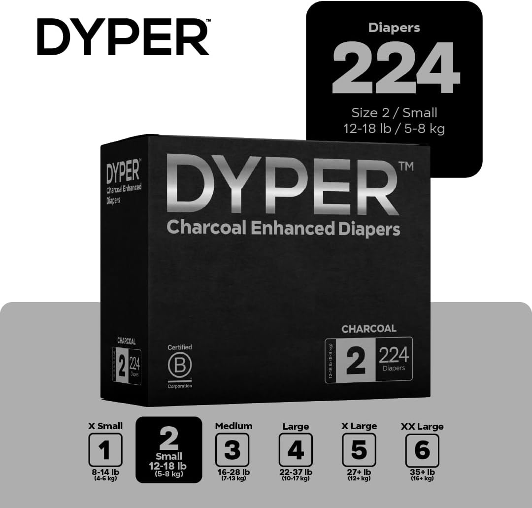 DYPER - Charcoal Enhanced Day & Overnight Disposable Baby Diapers - Made with Plant-Based* & Skin-Friendly Ingredients, Hypoallergenic for Sensitive Skin - Size 2, (224 Count)