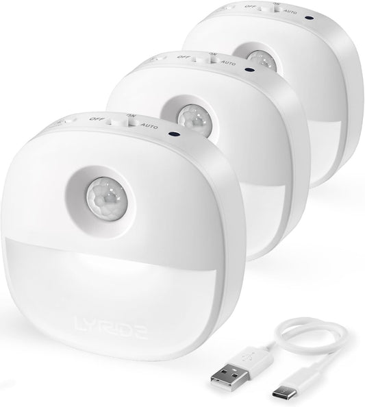 Lyridz Rechargeable Night Light, Motion Sensor Battery Nightlights, Mini Stick-on LED Closet Light, 1-20LM Dimmable Brightness for Bedroom, Kitchen, Washroom, Stairs, Hallway, 3-Pack