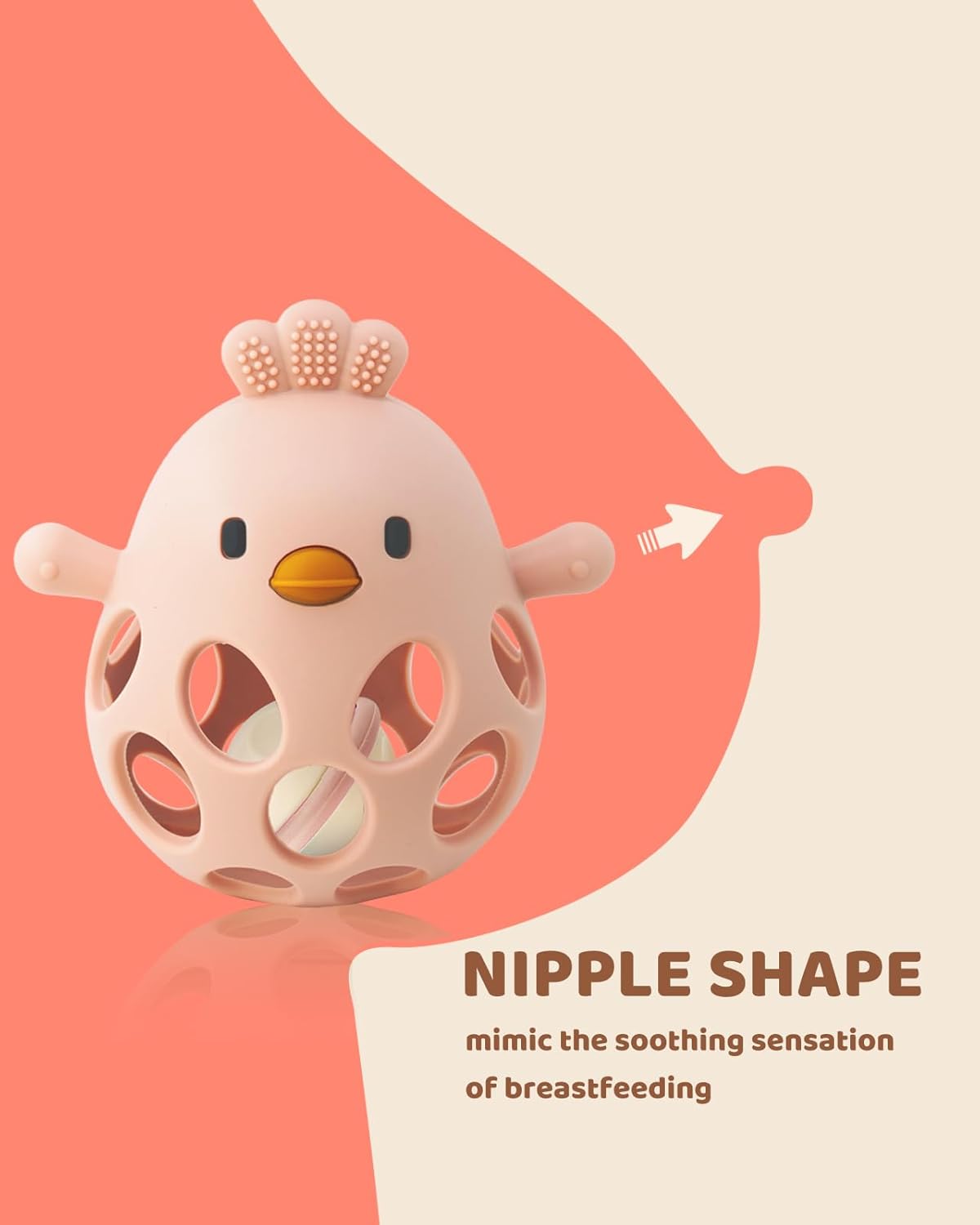 2-in-1 Baby Teething Rattle Toy, Sensory Grasping Teether for Infants 3-12 Months, 100% Food-Grade Silicone, Easy to Hold, Soothing & Developmental, BPA Free