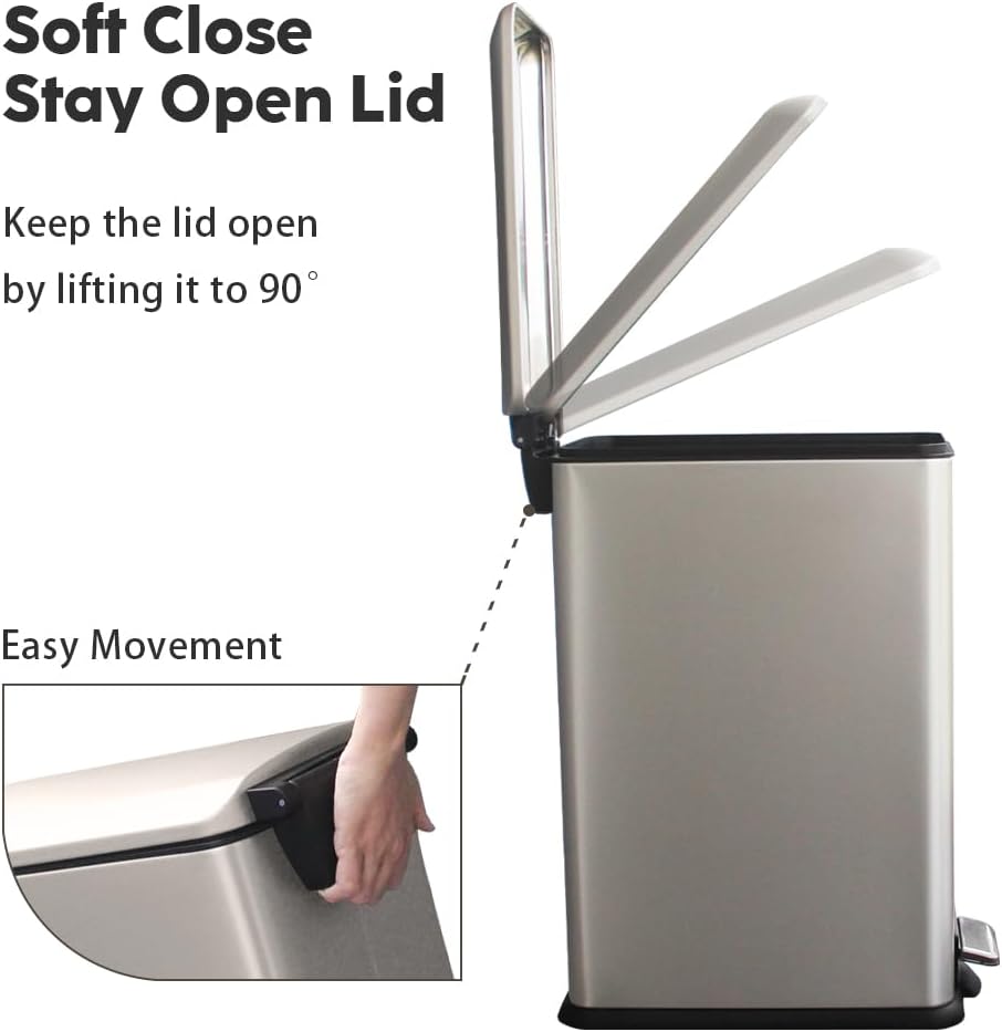 Bathroom Bin 17L, Kitchen Bins Small Trash Can with Soft Close Lid,Slim Pedal Bin with Removable Inner Bucket for Home,Bathroom,Kitchen,Bedroom,and Office.Grey