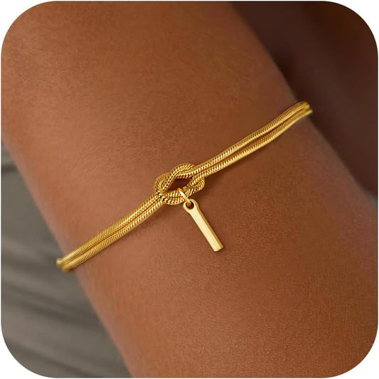 Stocking Stuffers for Teen Girls - 18K Gold Plated Love Knot Initial Bracelets for Women Friends Bridesmaid Gifts Dainty Gold Bracelets Birthday Christmas Gifts for Teens Women