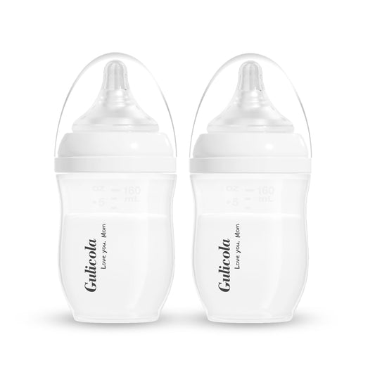 Gulicola Natural PP Baby Breastfeeding Bottles Newborn Set 2 Pack, Slow Flow Nipples, 0 Months +, 5 Oz - White
