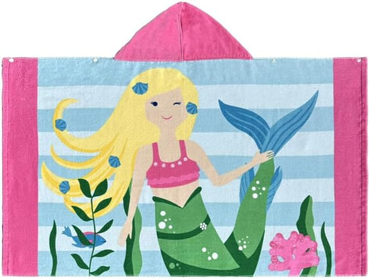 Hooded Towel for Kids, 100% Cotton Soft and Absorbent, Pool Bath Beach Swim Towel Wrap, Bathrobe Coverups for Girls and Boys, Extra Large:30"×50"(Yellow Hair Mermaid)