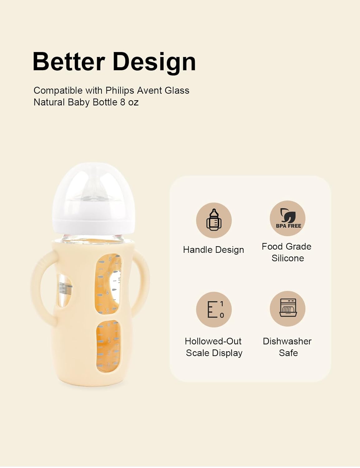 4-Pack Silicone Sleeves for Philips Avent Glass Bottles, BPA-Free Drop-Resistant Baby Bottle Sleeves with Handles, Compatible with Philips Avent Natural Glass Baby Bottles (8 oz)