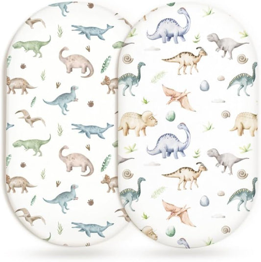 Bassinet Sheets for Baby Girls Boys 2 Pack, Fitted Baby Mattress Sheet for Rectangle, Oval, Hourglass Bassinet Mattress, Breathable Cozy & Universal Fit (Dino Pals)
