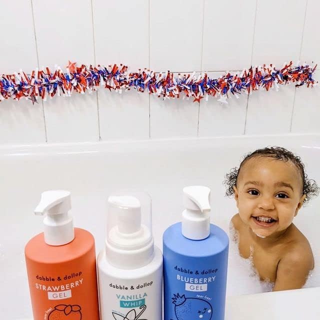 Dabble & Dollop USA Bundle, 3-in-1 Natural Bubble Bath, Body Wash & Shampoo for Kids, Paraben & Sulfate Free, Vegan, Tear-Free, Strawberry, Vanilla & Blueberry (Set of 3)