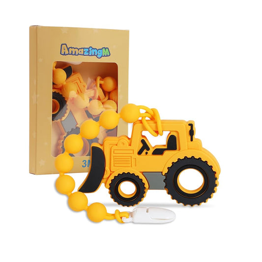 Baby Food Grade Silicone Carrier Vehicle Teether Toy with Pacifier Clip Holder,Teething Toys Gift Set for 3 Months+ Boys and Girls,Freezer Safe,BPA Free. (Bulldozer)