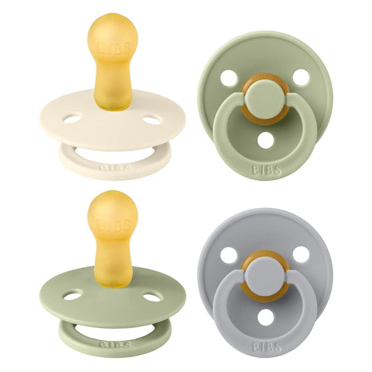BIBS Colour Soother 4-Pack | BPA Free Dummy Pacifier | Round Nipple | Natural Rubber Latex | Made in Denmark | Size 6-18 Months | Sage Mix