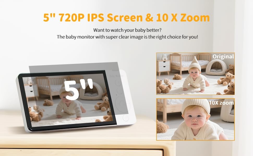 Baby Monitor, 5" 720p IPS Screen, 5000 mAh Battery, Night Vision, VOX Mode, Two-Way Talk, Temp Alerts, Feeding Timer, Loop Recording, Pan/Tilt 355°/120°, Secure No Wi-Fi, 64GB Card Pre-Installed