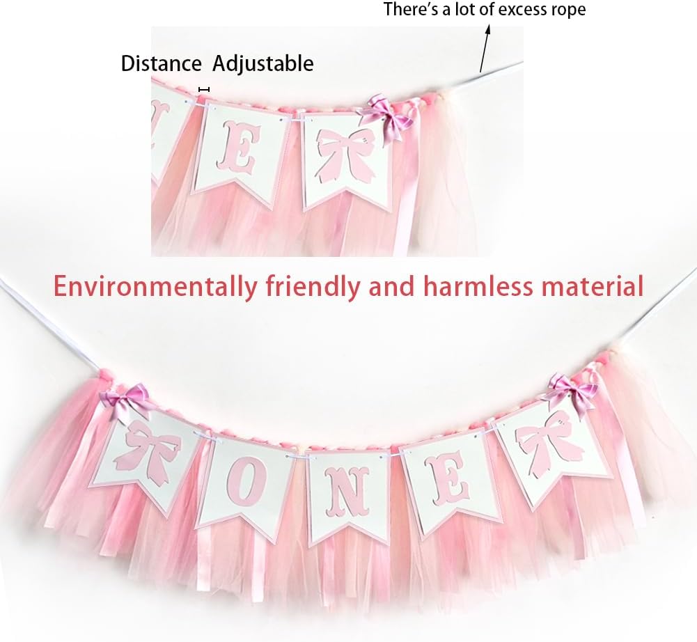 Pink Bowknot One Birthday Highchair Banner - Girl 1st Birthday High Chair Banner, Party Decoration Photo Props, Cake Smash