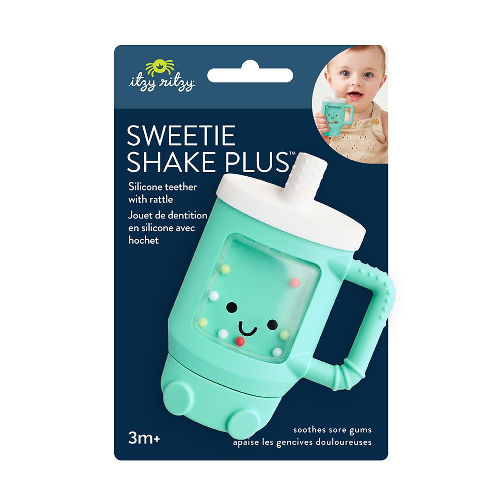 Itzy Ritzy Silicone Rattle Teether– BPA-Free Silicone Teether with Rattle for Babies & Toddlers – Features a Gentle Rattle Sound, Colorful Beads & Multiple Textures (Travel Cup)