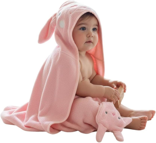 Hooded Baby Towel with Mitt - Ultra Soft Plush Bath Essential for Newborn, Infant & Toddler - Premium 30x30 Inch Large Absorbent Baby Bath Towels with Hood for Boys & Girls (Cute Bunny)