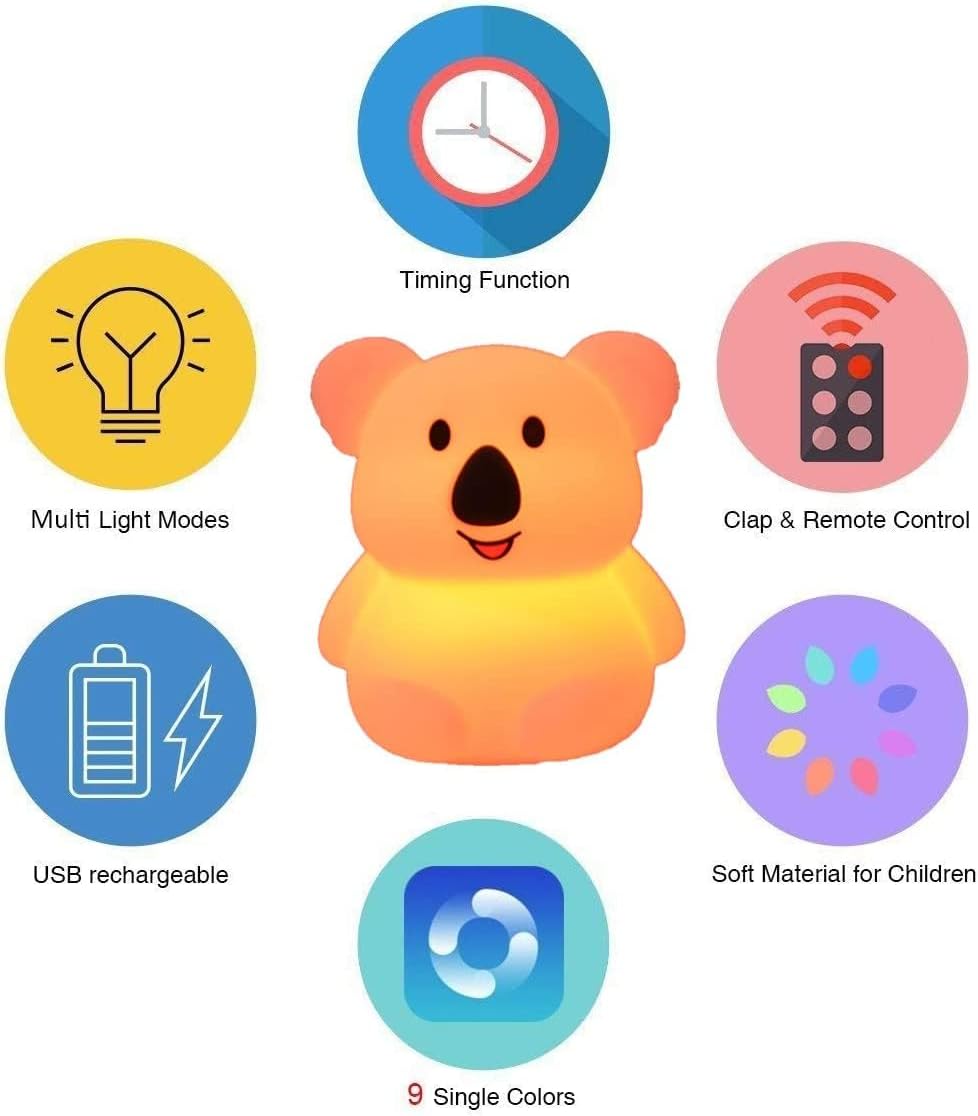Night Light for Kids, Bedside Lamp for Children, Baby Nursery Lamp for Breastfeeding Safe, Break Resistant, Eye Caring, Adjustable Brightness & Color, Touch Control, Child Gift - Medium Koala