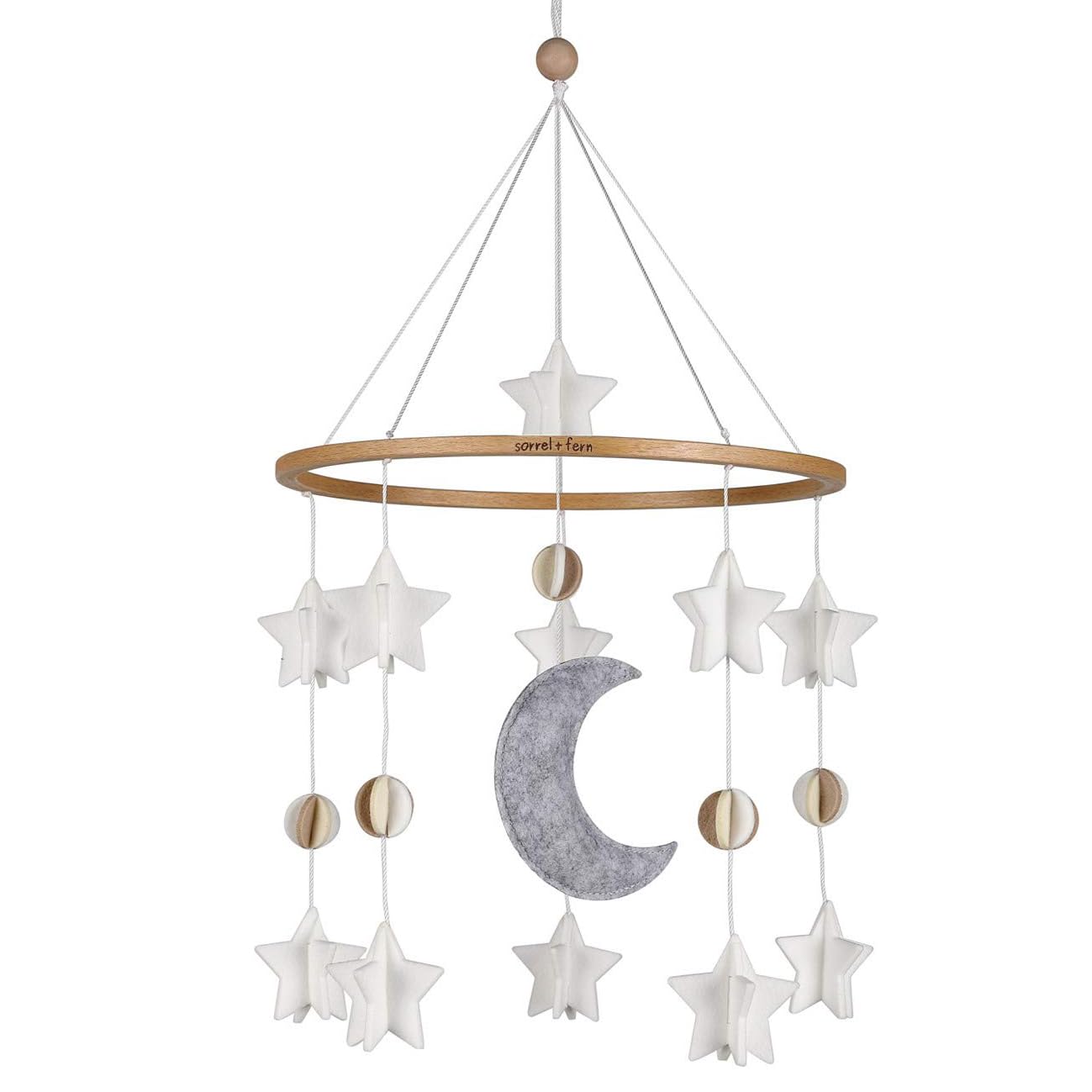 Sorrel + Fern Baby Crib Mobile - Moon & Stars (Grey, White & Cream) - Nursery Decoration - Unisex