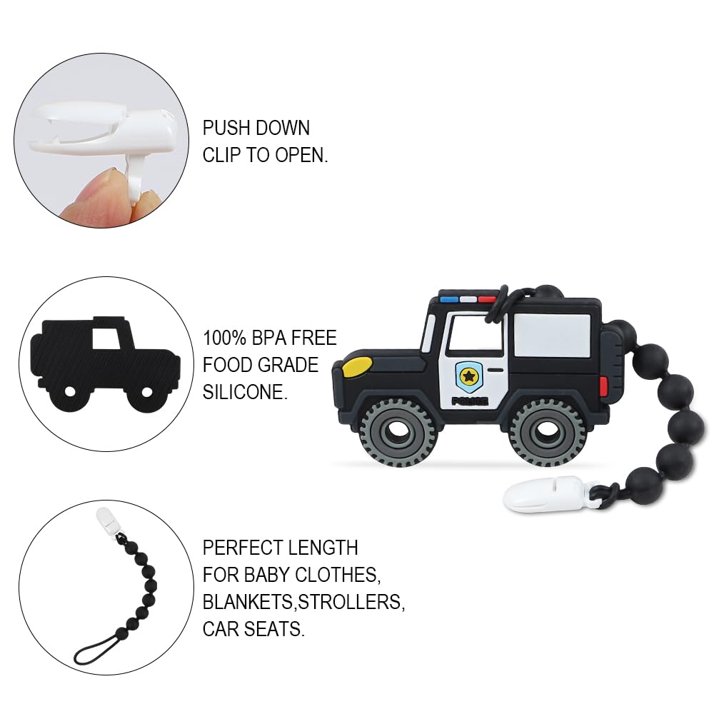 Baby Construction Vehicles Teething Toys,Food Grade Silicone Teether with One-Piece Pacifier Clip Holder,Shower Gift for 3 Months+ Boy and Girl,BPA Free,Freezer Safe. (Police Car)