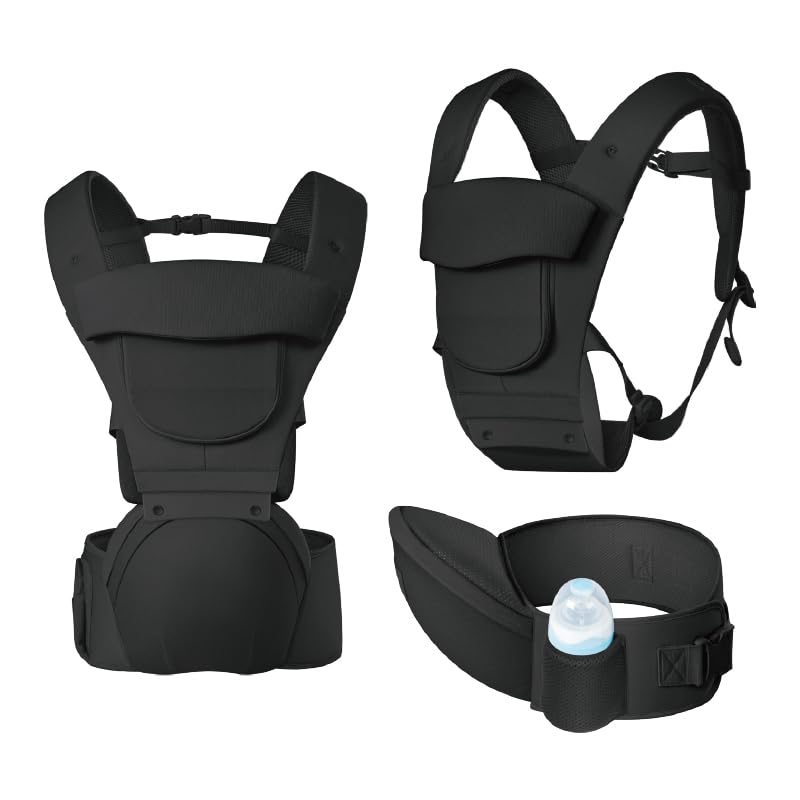Baby Carrier Newborn to Toddler,Baby Carrier with Hip Seat,Ergonomic, Safety-Certified Baby Hip Carrier with Foldable Neck Support Pod,12 in 1 Baby Holder Carrier with Adjustable Waist Belt-Black