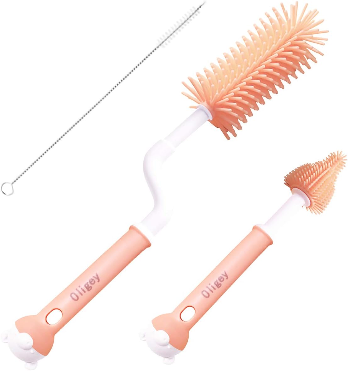 Silicone Baby Bottle Brushes Set Cleans Deep Container Nipple or Straw with Rotation Long Handle,3 in 1 Rubber Cleaning Kits Wash Infant Pacifier Teat Nozzle or Breast Pump by Spinning Handgrip