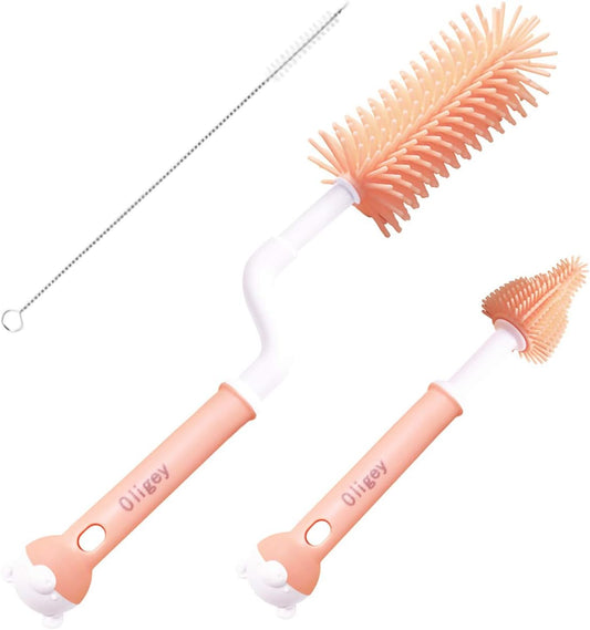 Silicone Baby Bottle Brushes Set Cleans Deep Container Nipple or Straw with Rotation Long Handle,3 in 1 Rubber Cleaning Kits Wash Infant Pacifier Teat Nozzle or Breast Pump by Spinning Handgrip