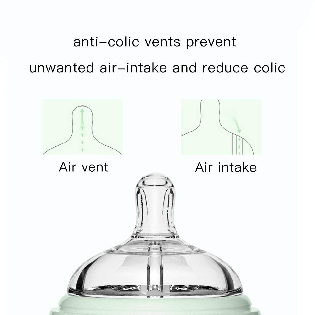 POTATO Glass Baby Bottles for Newborn Babies, Anti Colic Breastfeeding Bottle with Wide Neck, Slow Flow, 2pack, 2.5oz, Green