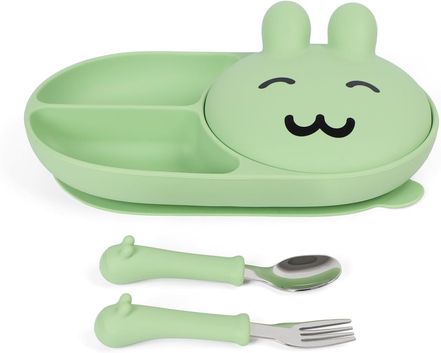 Silicone Baby Plate,Self-feeding of infants after weaning, 100% Food Grade Silicone, BPA Free, 3 Compartments Separated Including Fork and Spoon, Non-Slip With Suction Cups, Toddler plates (green)