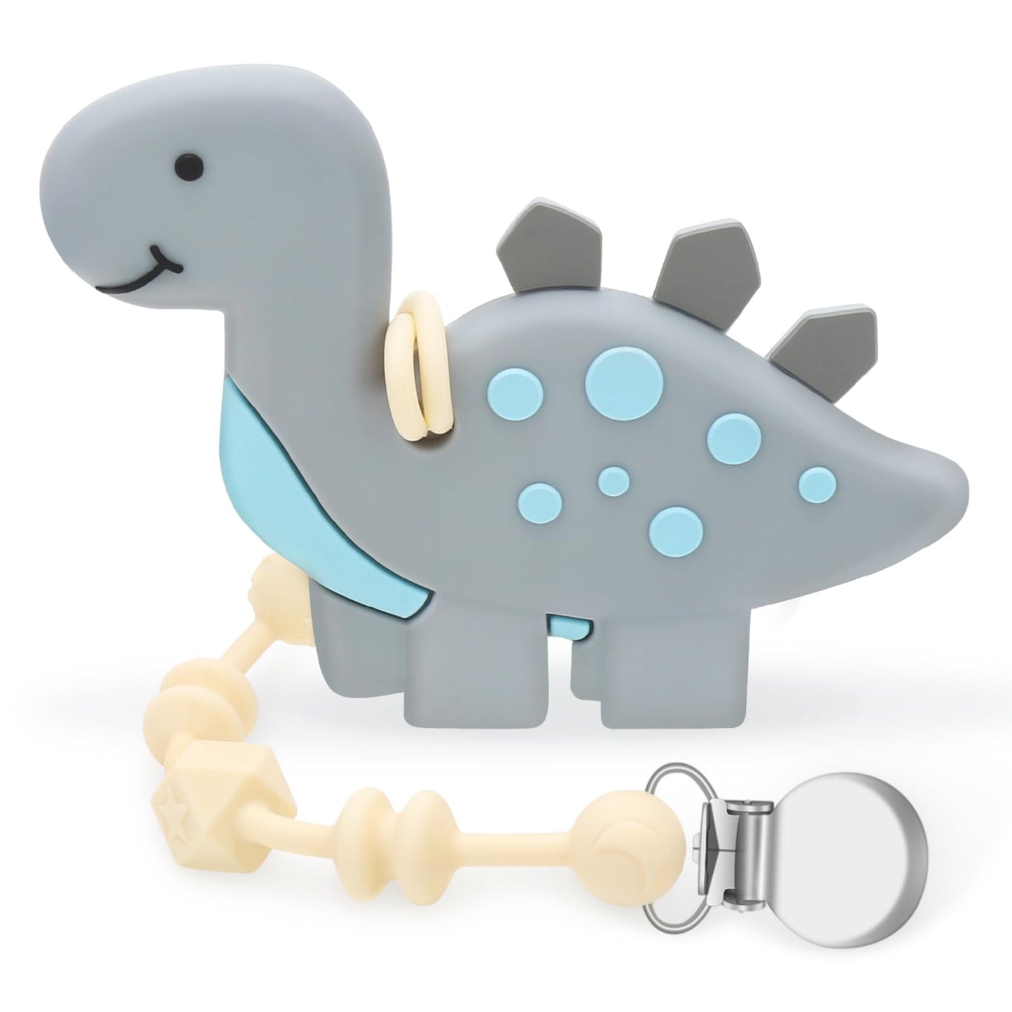 Baby Teething Toys for Babies, Dinosaur Teether Pain Relief Toy with One Piece Design Pacifier Clip Holder Set, Freezer Safe Neutral Shower Gift for Boys and Girls (Gray)