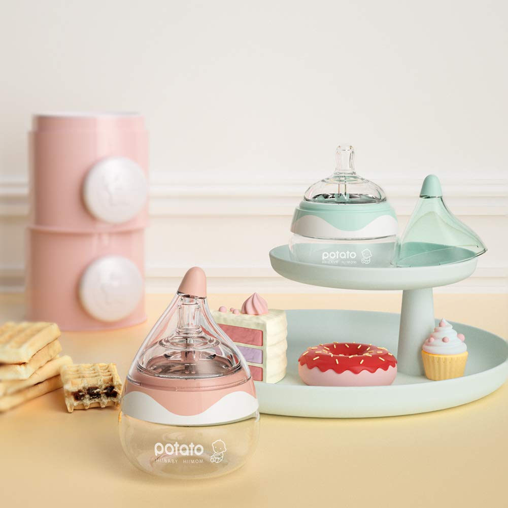 POTATO Glass Baby Bottles for Newborn Babies, Anti Colic Breastfeeding Bottle with Wide Neck, Slow Flow, 2pack, 2.5oz, Green