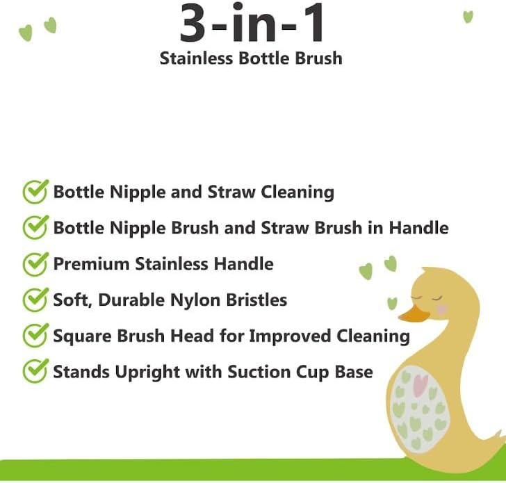 3-in-1 Stainless Bottle Brush for Baby Bottles - Water Bottle Brush Cleaner with Nipple and Straw Brush, Long Bottle Washer, Cup and Tumbler Cleaner Brush. (Pack of 2)