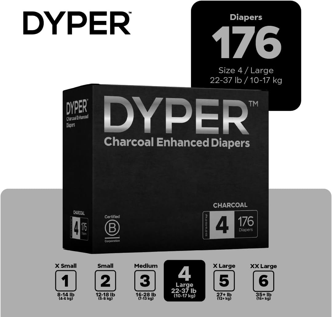 DYPER Charcoal Enhanced Diapers | Baby Diapers from Plant-Based* & Honest Materials | Day & Overnight Diapers | Disposable Diapers for Sensitive Skin (Size 4, 176, Count)