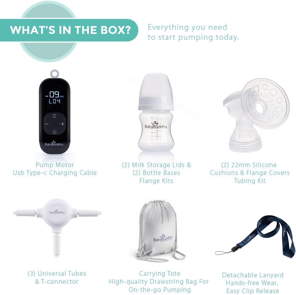 BabyBuddha Breast Pump 2.0, Wearable Electric Breastfeeding Pump with Soft Stimulation Mode, Portable, Hands-Free Milk Extractor, Hospital Grade, 3 Modes, 21 Suction Levels, 22 to 24mm Flange