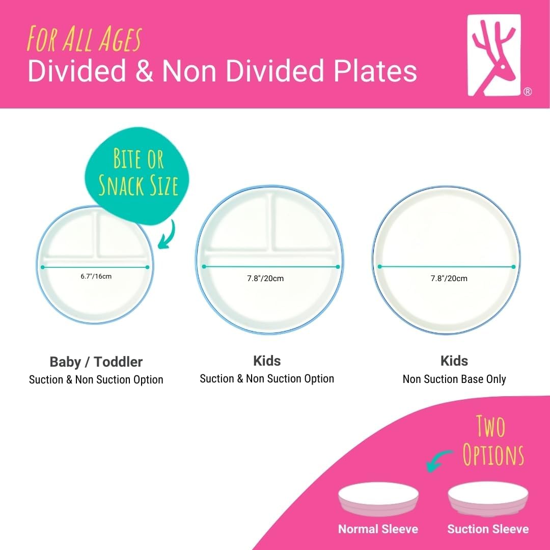 Elk and Friends Kids 7.8” Porcelain Divided Plates with Silicone Sleeves | Suitable for Babies/Kids/Toddlers | Microwave & Dishwasher Safe | Non Slip | Snack Dishes