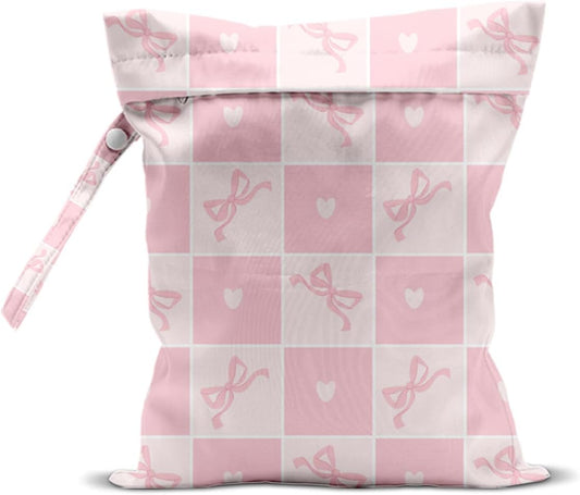 Wet Bag for Swimsuit, Beach Travel Essentials Wet Dry Bag, for Sunscreen Toiletry Dirty Clothes Yoga Gym Diaper, Friends Summer Beach Vacation Gifts. Pink plaid bow