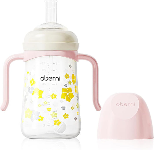 No Spill Sippy Cups,Weighted Straw Toddler Water Bottle with Handle,Spill Proof Toddler Cup with 2 Nipple for Baby 6-12 Months and Toddlers 1-3 (PP, 8 Ounce, Pink, 1 Pack)
