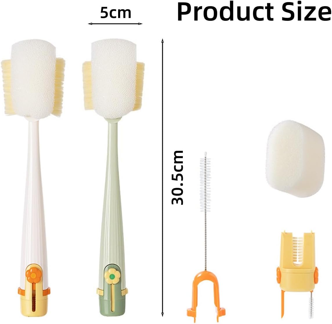 5 in 1 Bottle Cleaning Brush Set, Multifunctional Bottle Cleaning Brush Set, Water Bottle Cleaner Brush, Straw Cleaner Brush for Baby Bottles, 3 Replacement Sponge Brush Heads (Green)