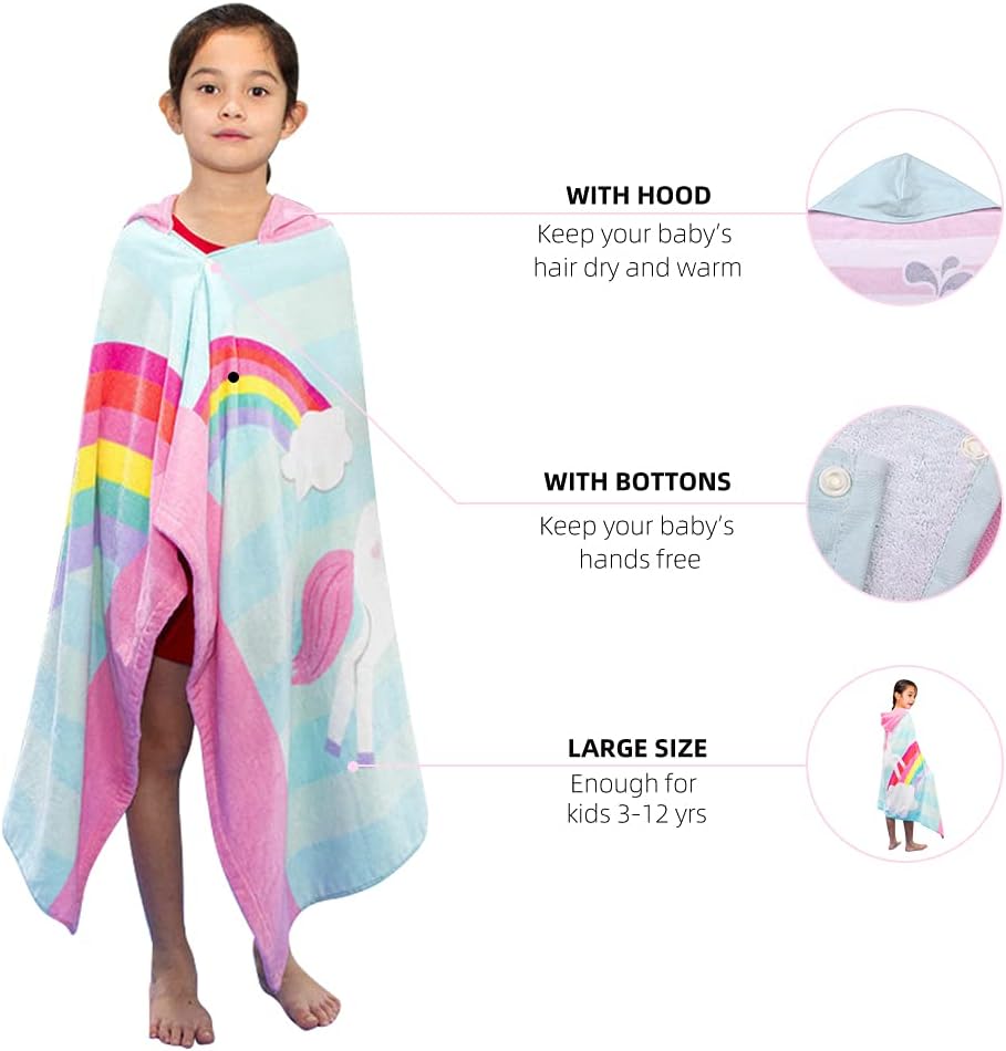 BANGSAUR Kids Beach Towels with Hood, Soft Cotton 50x30 inches Toddlers Girls Baby 3-12 Years Bath Pool Swiming Towel Wrap Cloud Unicorn