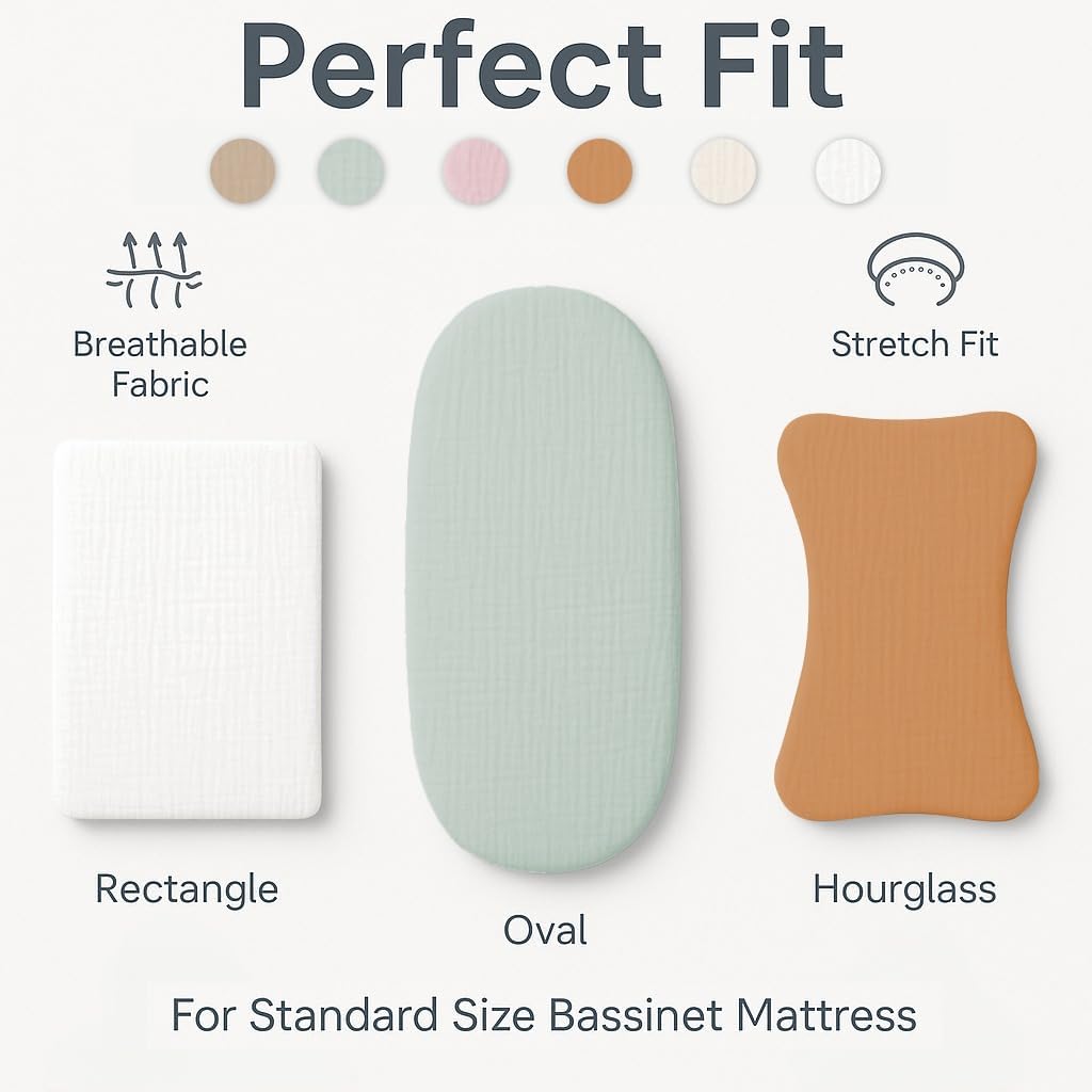 Muslin Bassinet Sheets Set of 2, Green & Beige Bassinet Sheets 33x17 Inches, Soft Fitted Bedside Sheets for Rectangle & Oval Mattress, Breathable, Gentle, Won’t Slide or Wrinkle