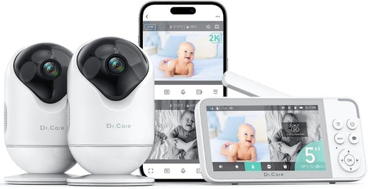 Dr.Care VistaView Smart WiFi Baby Monitor with 2 Cameras- 5” 1080P Split Screen & 2K Camera App Control, Cry & Motion Alerts, Night Vision, 5000mAh Battery, 2-Way Talk, Triple Security, 1279ft Range
