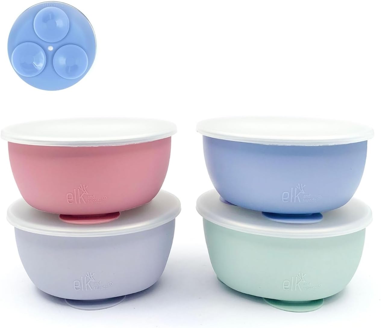 Elk and Friends Stainless Steel Bowls with Silicone Sleeve for Babies & Toddlers | Lids Included | Stay Put Suction | Cereal & Snack Bowls | 4 Pack