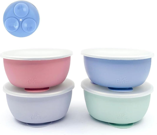 Elk and Friends Stainless Steel Bowls with Silicone Sleeve for Babies & Toddlers | Lids Included | Stay Put Suction | Cereal & Snack Bowls | 4 Pack