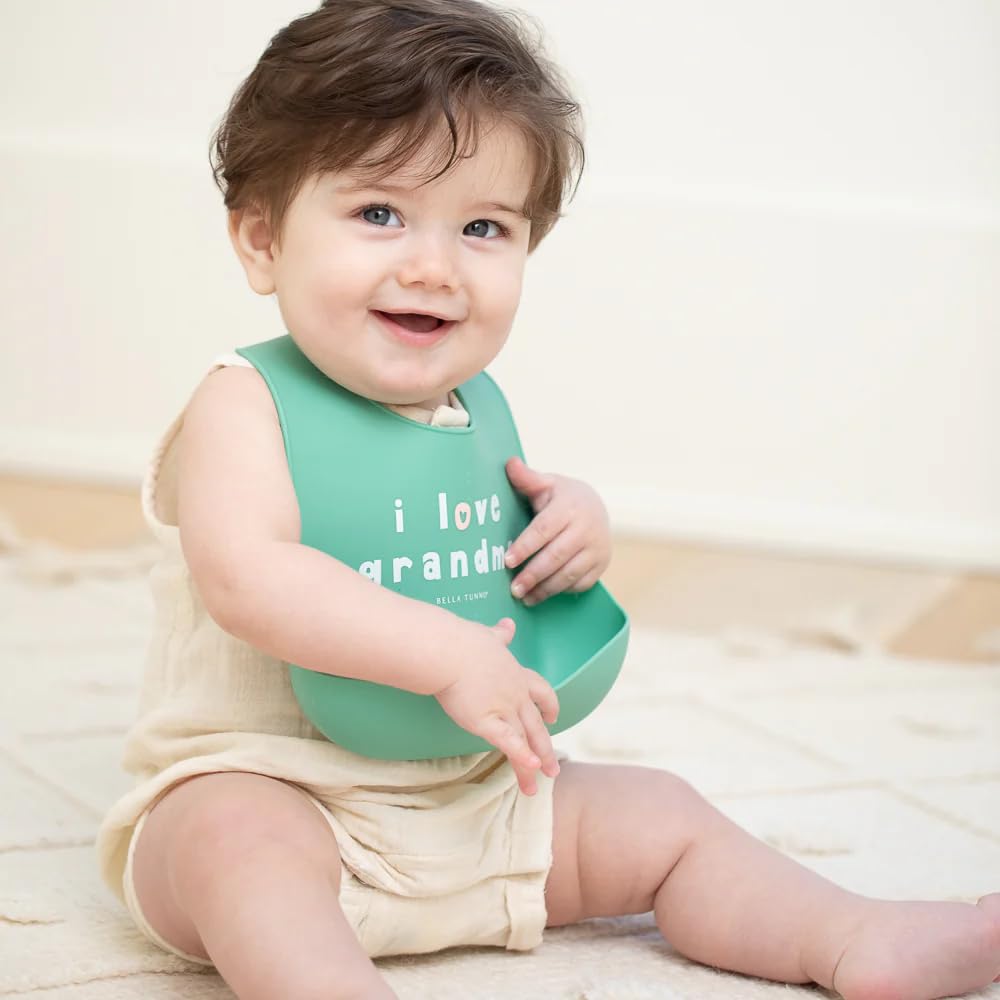 Bella Tunno Baby Bib for Eating, Waterproof Silicone Bib with Large Food Catcher, Adjustable Fit for Babies 4-12 months & Toddlers 1-3 Years, Boys & Girls, I Love Grandma