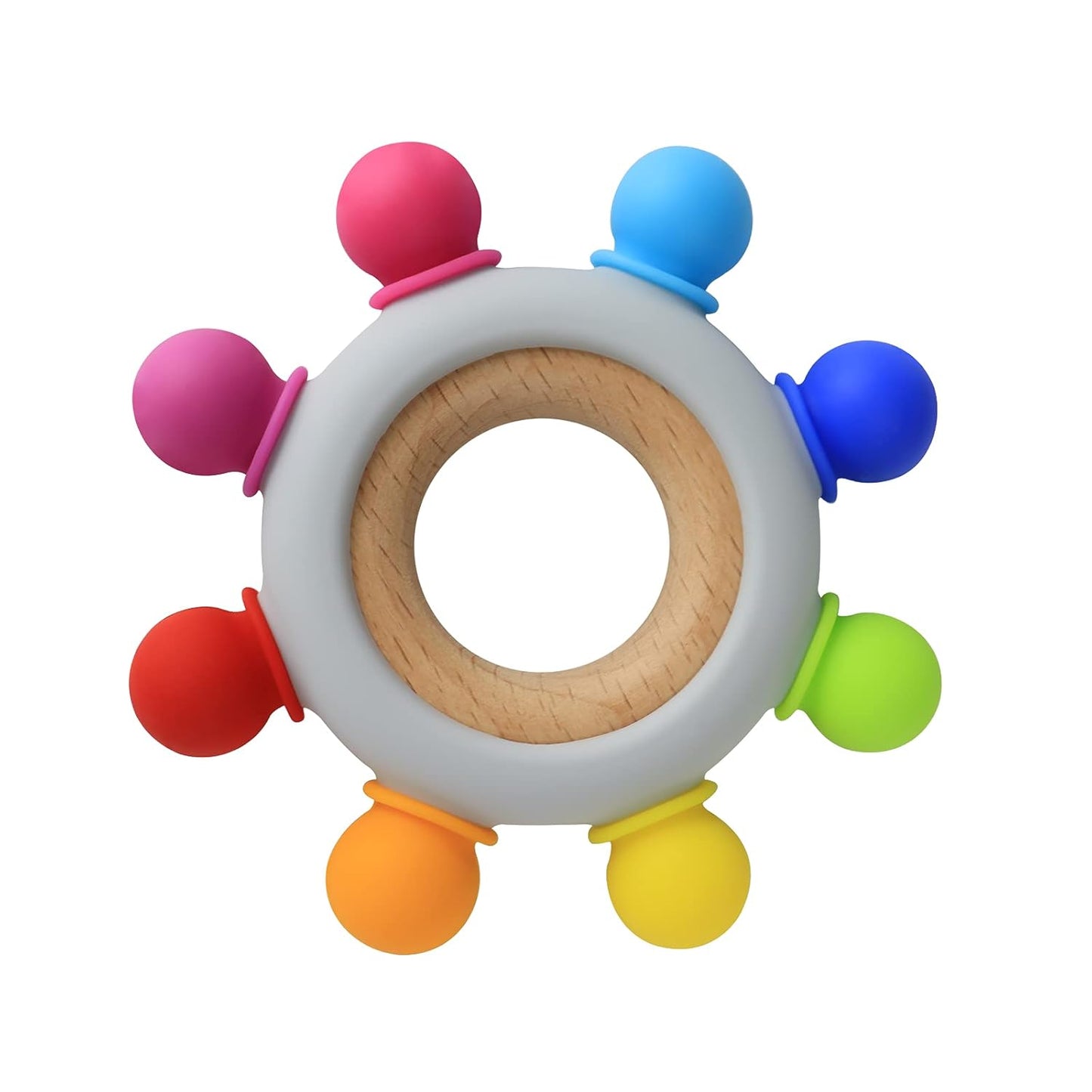 Baby Teething Toys Silicone Teethers BPA Free Silicone Rudder with Wooden Ring Soothe Babies Gums (8 Directions - Rainbow)