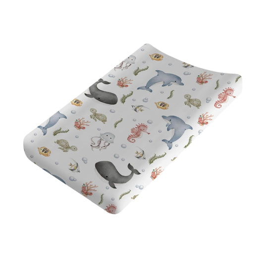 Sea Animals Changing Pad Cover Whale Dolphin Jellyfish Sea Horse Turtle Fish Coral Fitted Baby Change Table Sheets for Boy Girl Ocean Soft Stretch Fitted Changing Table Pad Cover Mats 32''x16''