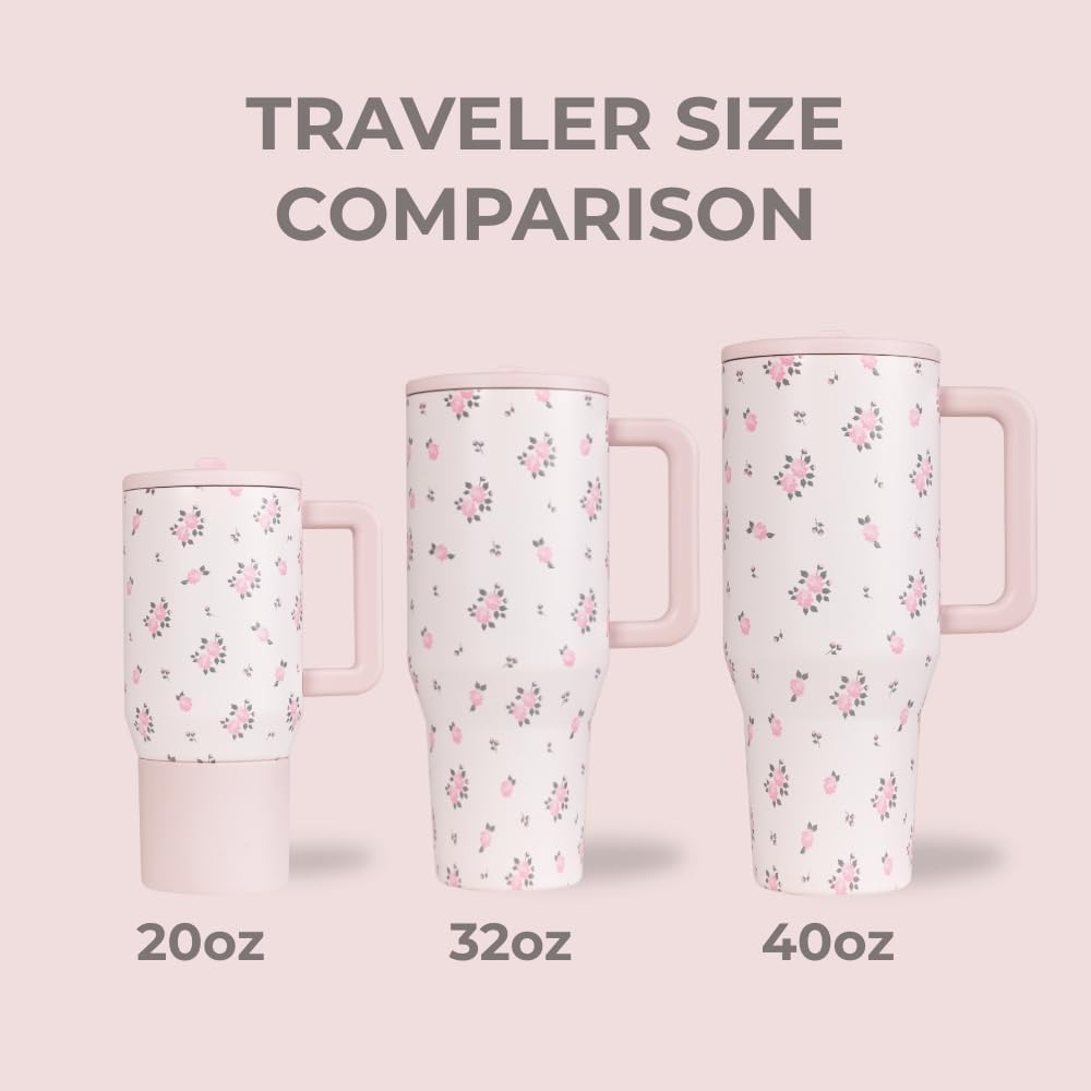 HydroJug Traveler - 32 oz Water Bottle with Handle & Flip Straw - Fits in Cup Holder, Leak Resistant Tumbler-Reusable Insulated Stainless Steel & Rubber Base - Gifts for Women & Men, Wildrose