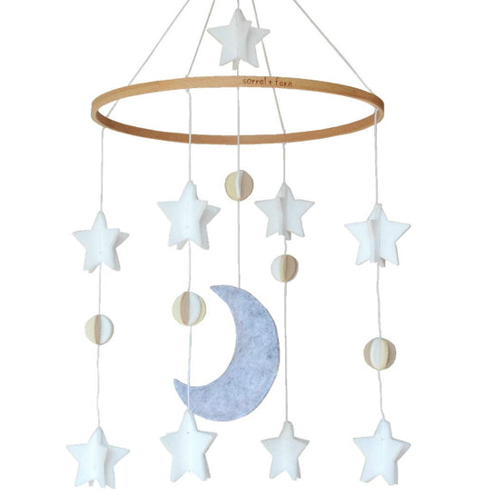 Sorrel + Fern Baby Crib Mobile - Moon & Stars (Grey, White & Cream) - Nursery Decoration - Unisex