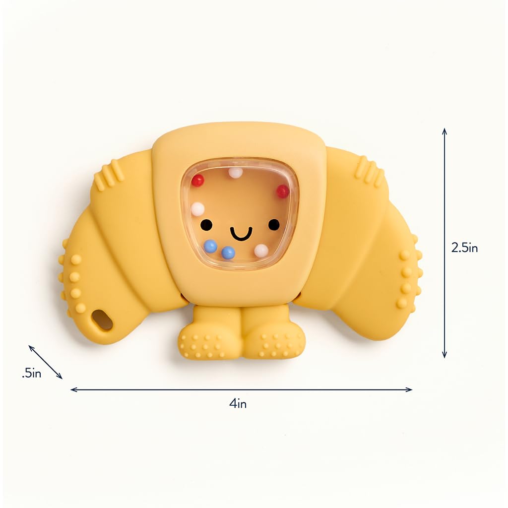 Itzy Ritzy Silicone Rattle Teether– BPA-Free Silicone Teether with Rattle for Babies & Toddlers – Features a Gentle Rattle Sound, Colorful Beads & Multiple Textures (Croissant)